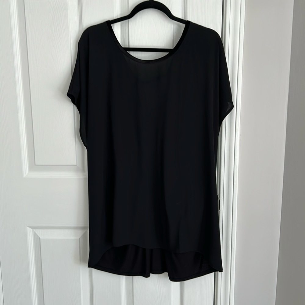 Loft S/S top XXL sheer in front solid back with open design and velvet trim/ tie